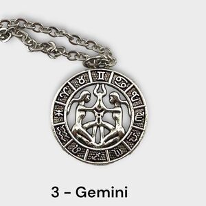 Antiqued Silver Tone Gemini Zodiac Necklace Stainless Steel Chain